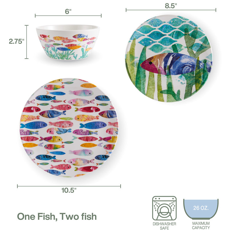 Colorful Fish Melamine 12-Piece Dinnerware Set, Service for 4
