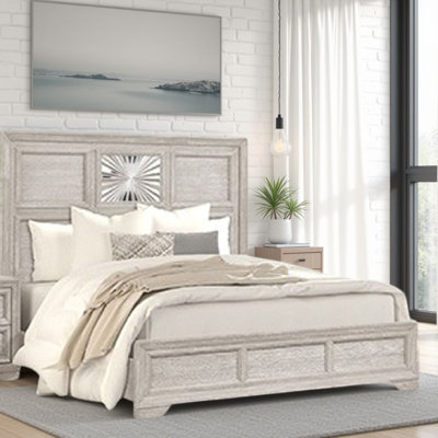 Diaz King Bed, Sunburst Pattern And Recessed Panel, Light Gray Wood