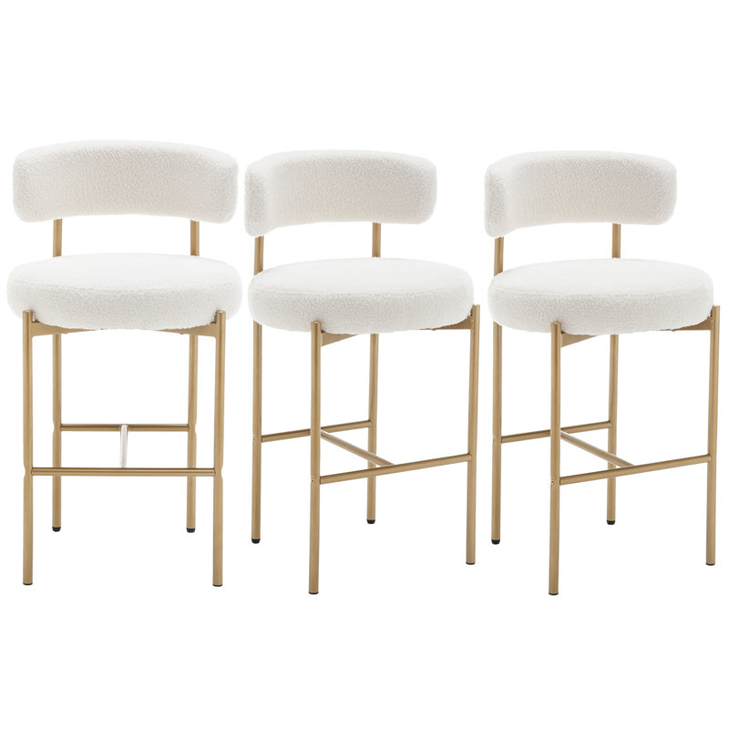Gold Boucle Bar Stools Set Of 3, 26" Modern Counter Stools With Backs, Upholstered Barstools For Kitchen Island, Bar, Cafe