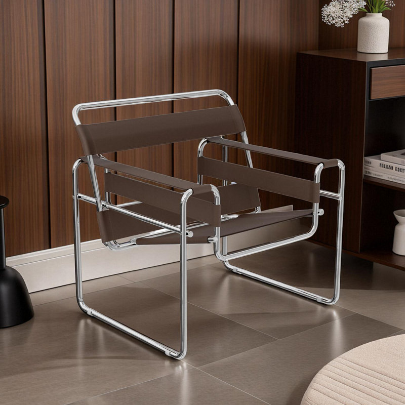 Danta Saddle Leather and Artificial Leather Accent Chair with Stainless Steel Frame, Brown Saddle Leather