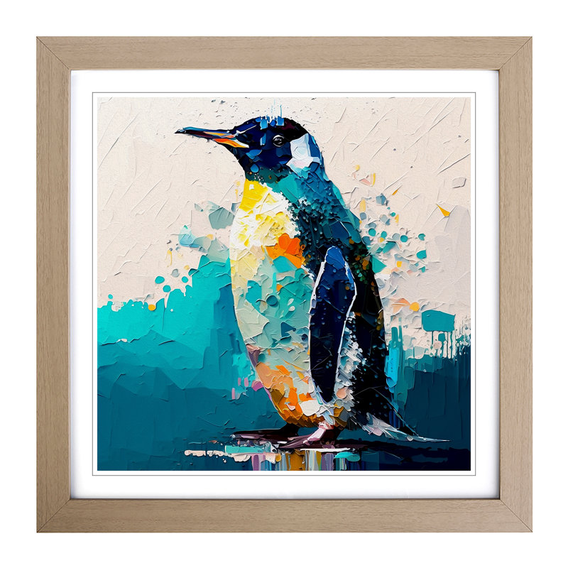 Penguin Palette Knife Painting - Framed Print, Oak