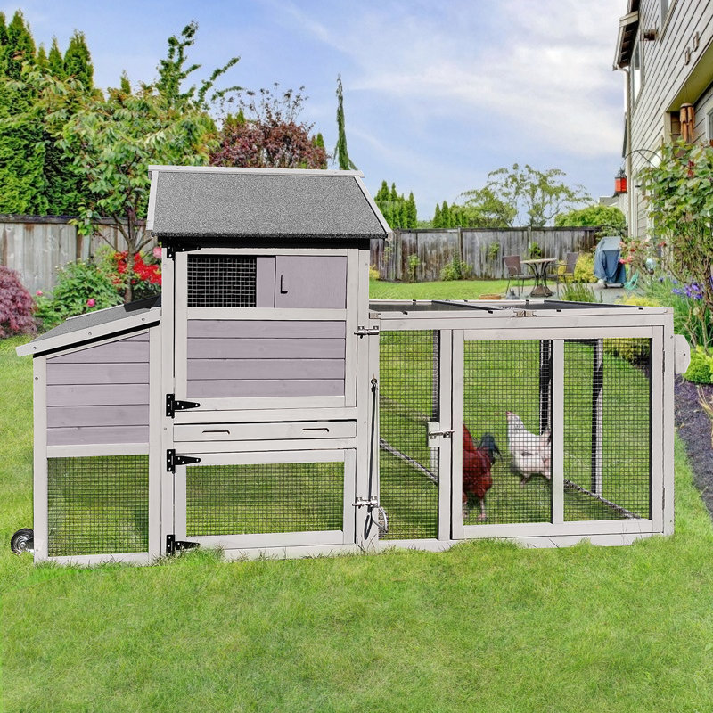 Poulailler extérieur en bois avec roues et enclos, cage à volailles avec panneau anti-UV, pondoir et poulailler extensible.