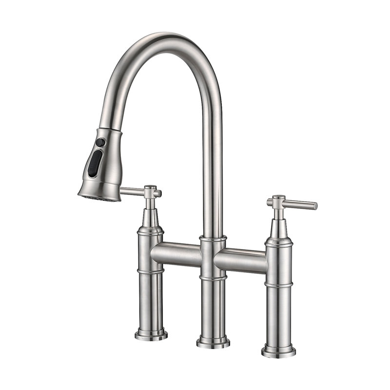 Double Handle Bridge Kitchen Faucet With Pull-Down Spray Head, Brushed Nickel