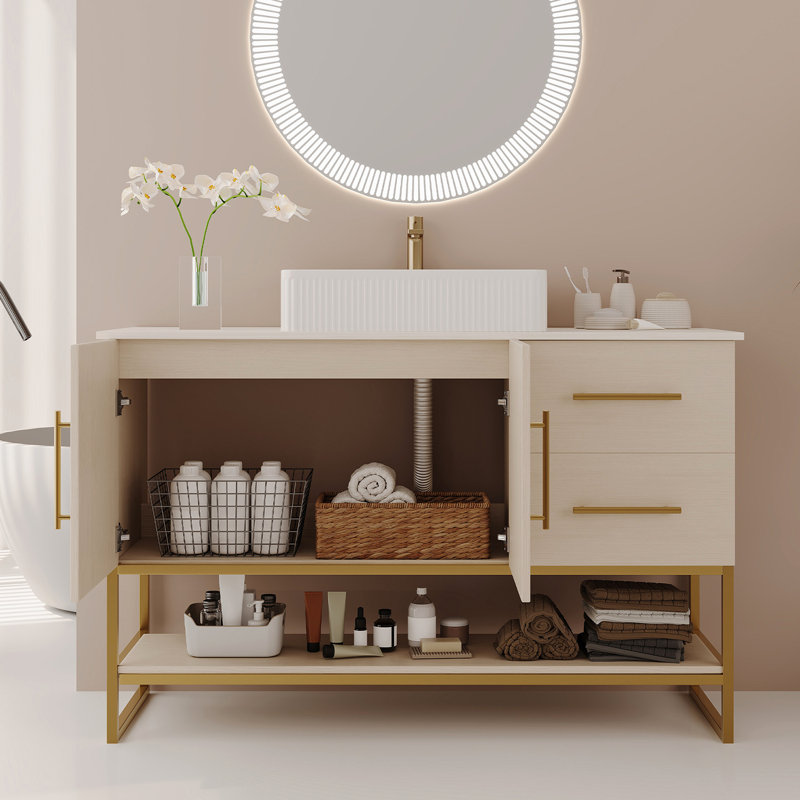 Ensemble de meuble-lavabo simple 47 po avec lavabo vasque en céramique, ensemble tout-en-un avec tiroirs de rangement et poignées dorées 47 po