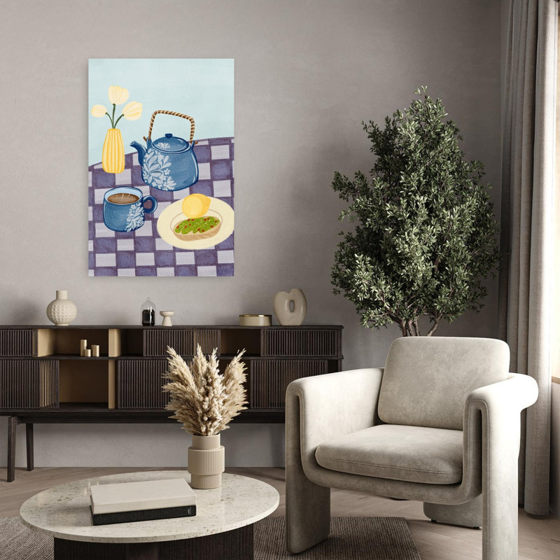 Art mural fleuri bleu, théière bleue