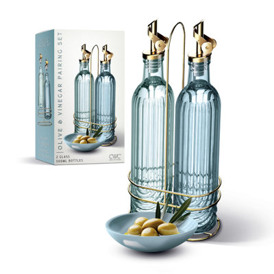 17oz Fluted Glass Oil and Vinegar Dispenser Set of 2, Kitchen Olive Oil Cruet Carafe Decanter
