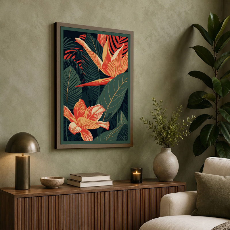 Tropical Blooms Botanical - Wrapped Canvas, 36x24 - 91.4 x 61.0 cm, Cream Border