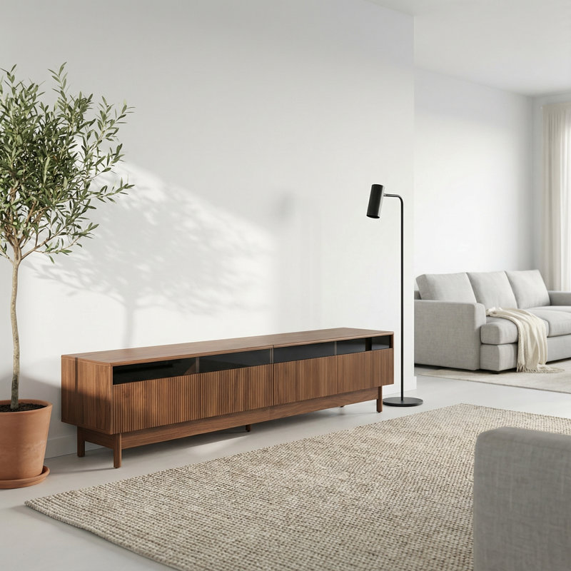 Console de divertissement moderne avec tiroirs en verre, meuble télé jusqu'à 85 pouces avec rangement et système de gestion des câbles
