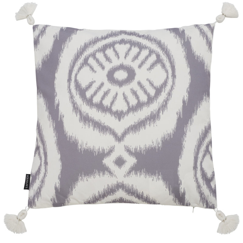 Gray and White Ikat Square Outdoor Pillow with Tassels