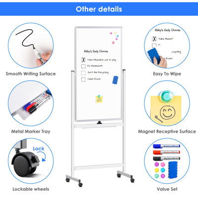 48" x 24" Freestanding Whiteboard Double Side Mobile Magnetic Dry Erase Board on Wheels