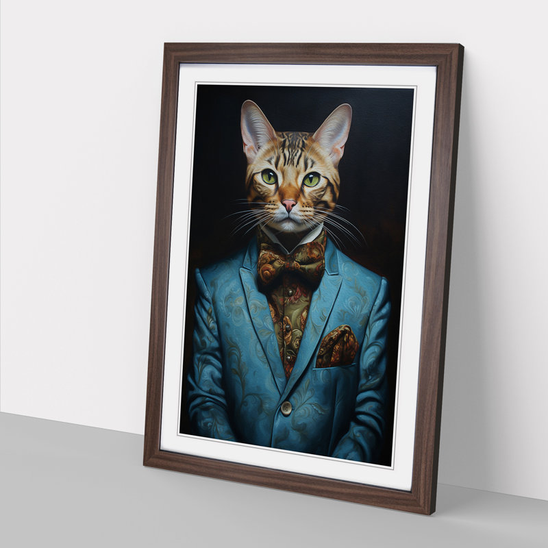 Bengal Cat in a Suit Painting - Framed Print, 46cm H x 34cm W, Walnut Framed