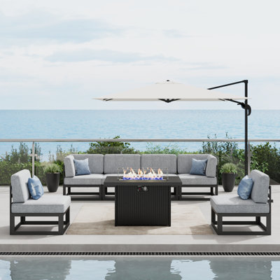  Ensemble de meubles de patio 7 pièces en aluminium avec table de feu, ensemble modulaire d'extérieur pour conversation en L