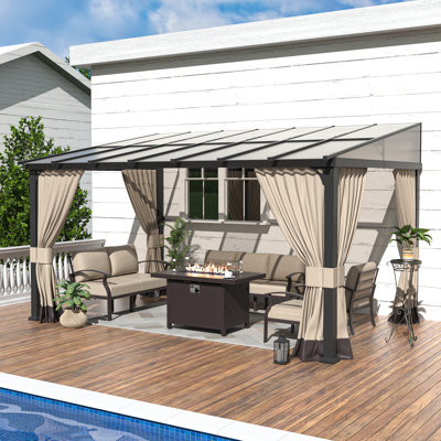 Modern Outdoor Gazebo with Slant Roof, Polycarbonate Canopy, Black Metal Frame and Privacy Curtains