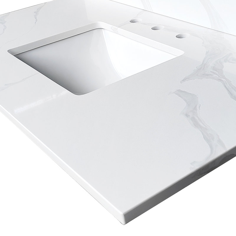 Meuble-lavabo à quartz 43 po avec lavabo central encastrable 43 po, 4 dosserets hauts, 3 trous de robinet pré-percés, teinture, plateau blanc de style moderne américain pour salle de bain, luxe simple chauffant
