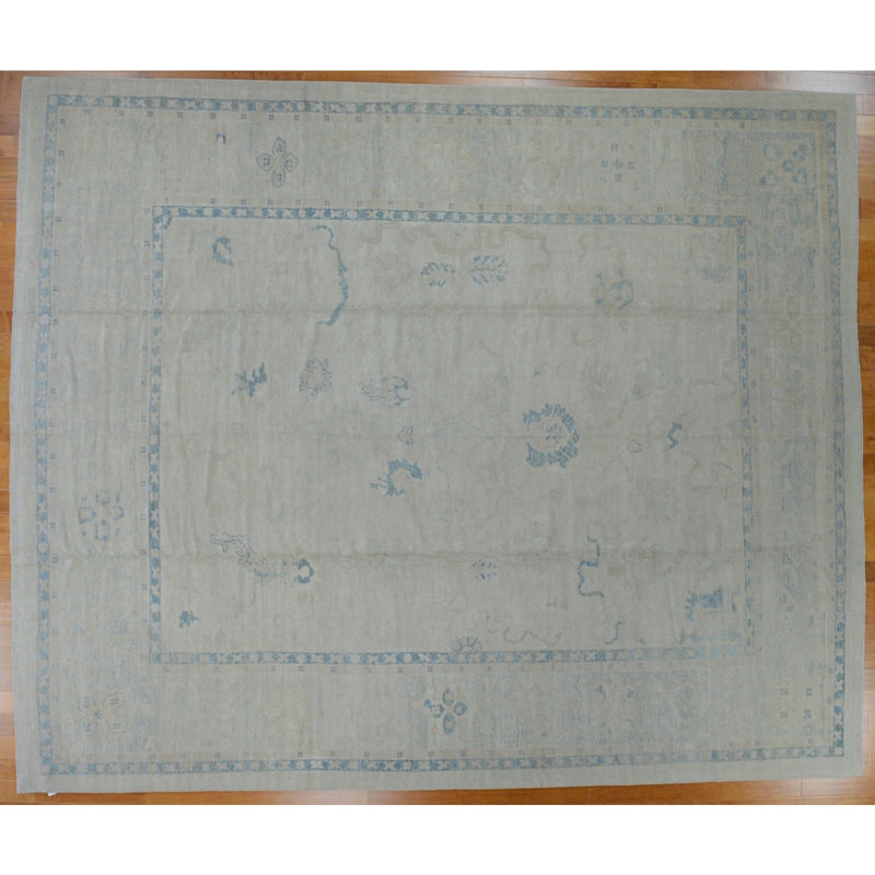 Tapis unique en laine noué à la main beige / bleu 12 pi 9 po x 15 pi 4 po Oushak