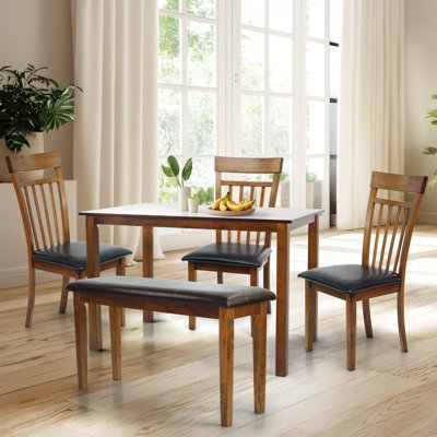 5 Pc Dining Kitchen Set of Rectangular Table, 3 Warm Chairs and 1 Bench, Classic Style Solid Wood
