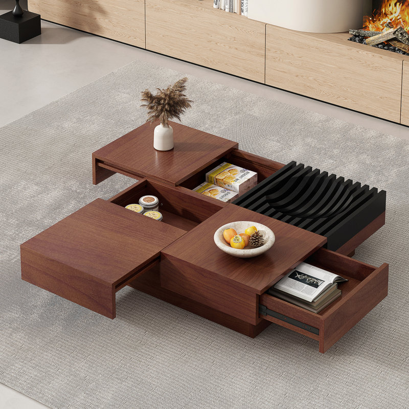 TABLE DE CAFÉ DE RANGEMENT EN BOIS D'ACACIA RÉTRO - INSPIRÉE, DE COULEUR BRUN ET NOIRE