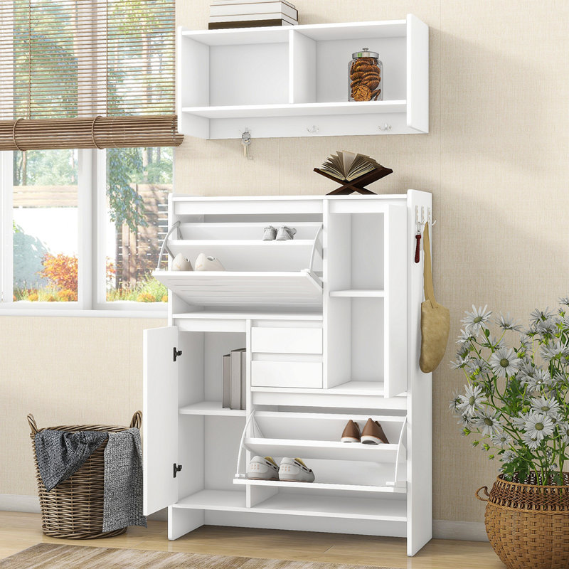 Multi-Functional Tipping Bucket Shoe Cabinet With Wall Cabinet, Space-Saving Design Foyer Cabinet With 2 Flip Drawers, Versatile Side Cabinet For Hallway
