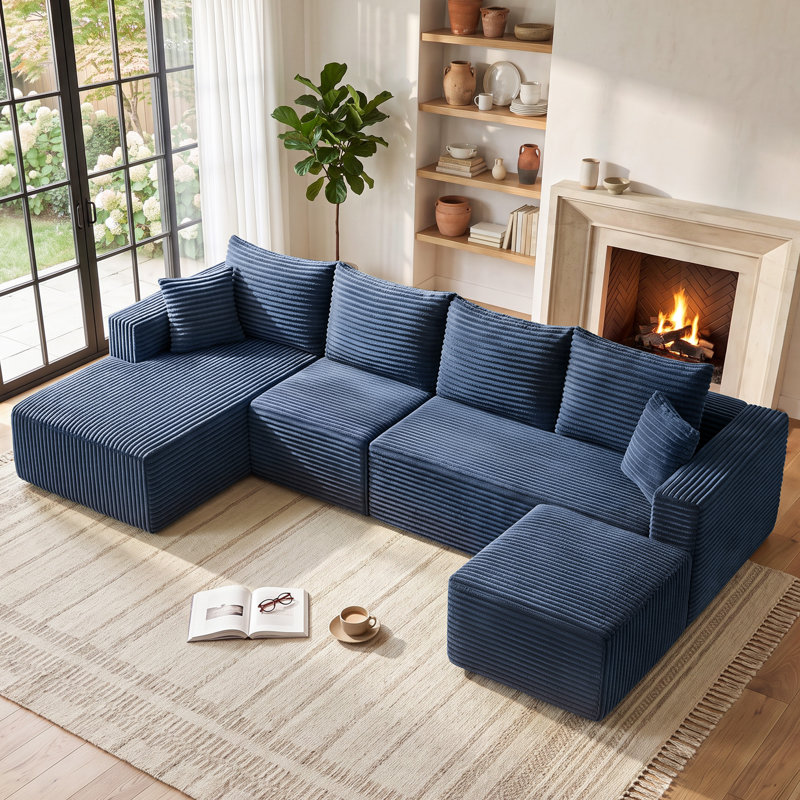 Canapé modulaire en L Boneless, Blue Corduroy, Left Hand Facing