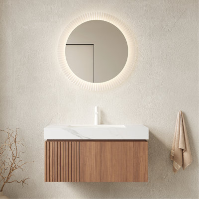 Meuble-lavabo flottant 36 po avec comptoir en pierre frittée blanche, vasque en céramique, tiroir et armoire de porte, pré-assemblé, contreplaqué avec comptoir, porte, foyer