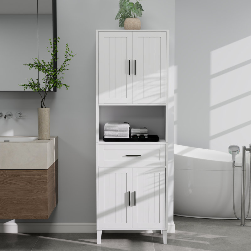 Armoire de rangement autoportante avec 4 portes, un compartiment ouvert et un tiroir, Blanc