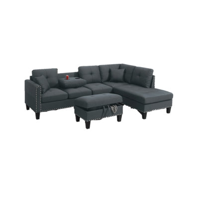 Living Room Furniture 3-Pcs Sectional Sofa Set Laf Sofa Raf Chaise And Storage Ottoman Cup Holder Linen-Like Fabric Couch