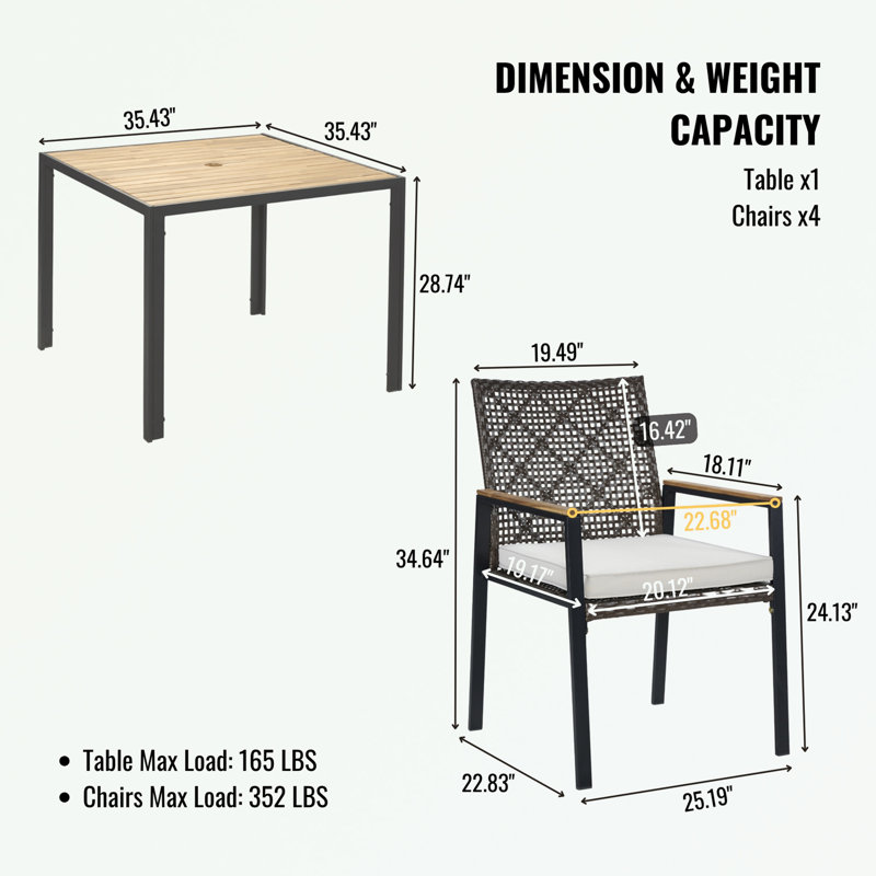 Ensemble de table de salle à manger 5 pièces avec trou pour parasol, Gris clair/brun foncé