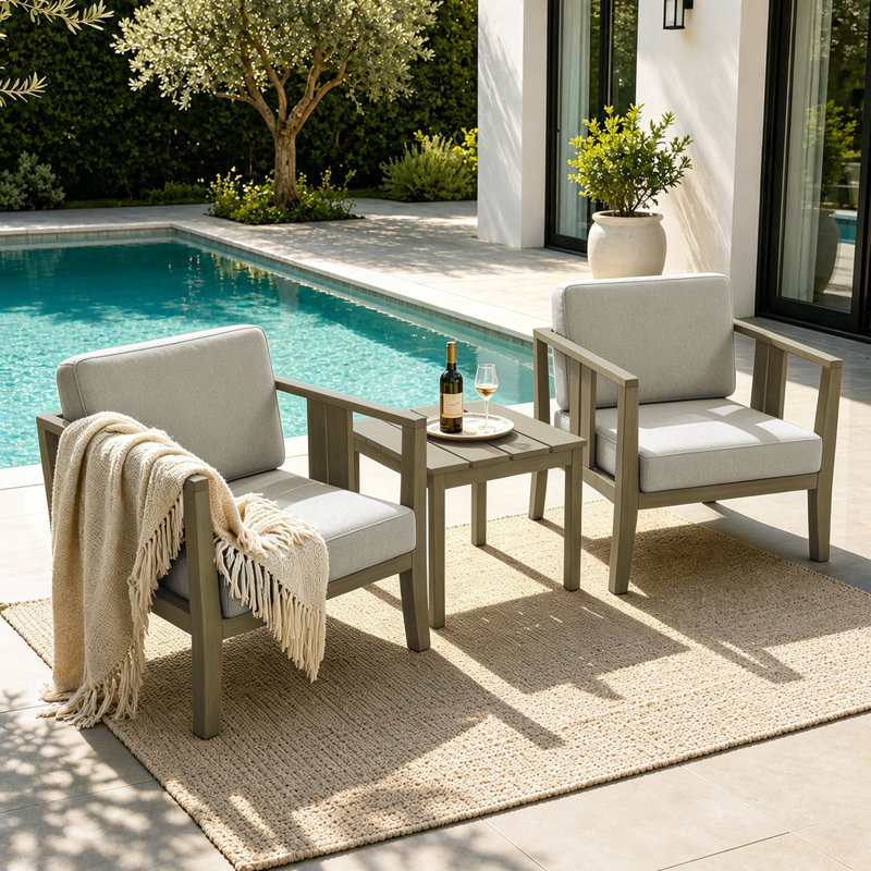 Junco Teak Outdoor Two-Person Patio Set With Cushions And Side Table, Brown, Light Camel