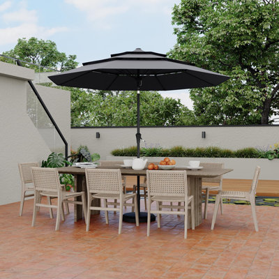 Parasol de patio extérieur à 3 niveaux avec manivelle et inclinable, parasol de table de marché ventilé pour terrasse de jardin