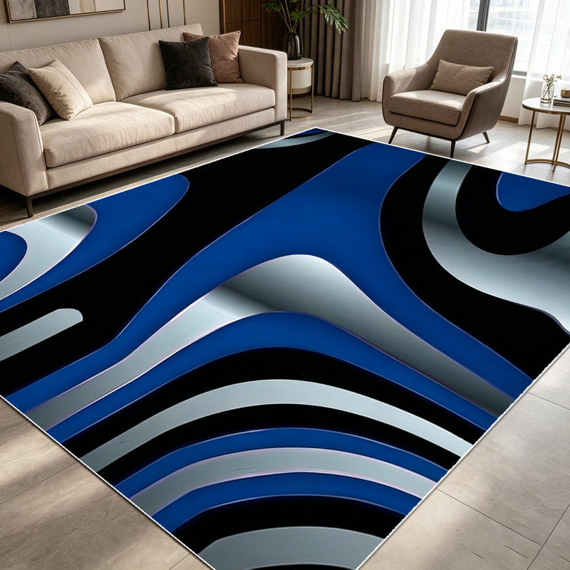 1PC Modern Abstract Wavy Blue Black Silver Geometric Art Area rugs for Living Room, Soft and Comfortable, Suitable for all seasons, easy-to-maintain, machine washable Indoor floor mat, Under Table Farmhouse suitable for dining area, bedroom, home