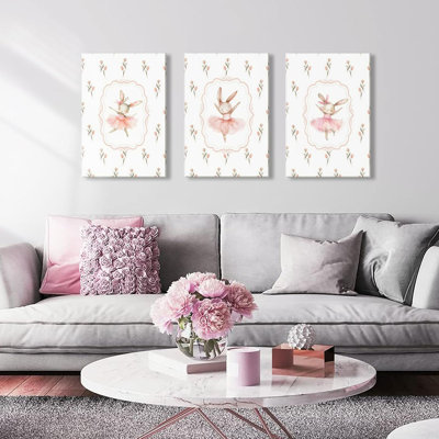 3Pcs Pink Ballet Bunny Nursery Wall Art Cute Rabbit Painting Picture Wall Decor Pink Dress Flower Poster Print Artwork For Girls Room Kids Room Baby Room Bedhome Home Decoration