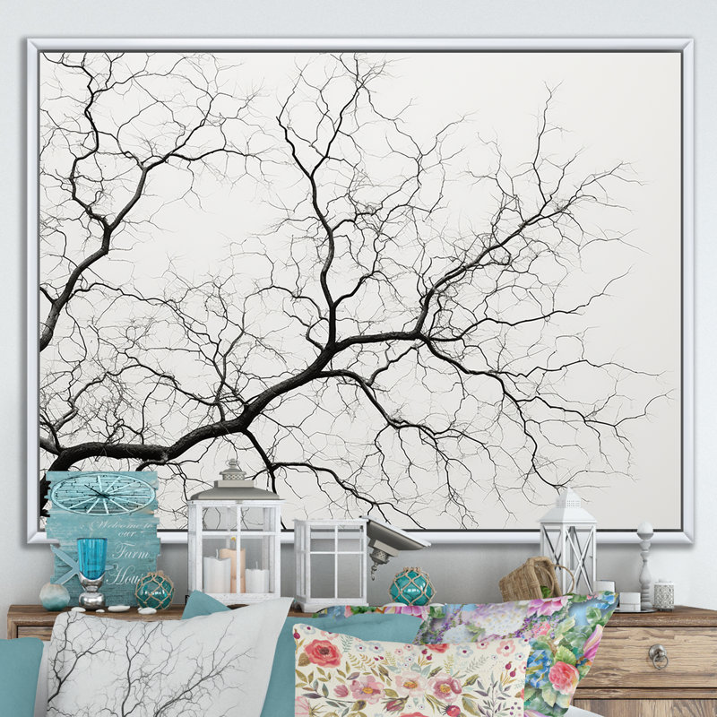 «Monocrhome Sycamore Tree Solitude», reproduction sur toile, Cadre flottant blanc, H 12 po x l 20 po x P 1 po