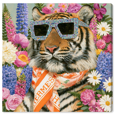 Impression sur toile « Tigre en fleurs au printemps », style rétro, par Art Remedy, châssis entoilé, 61 x 61 cm