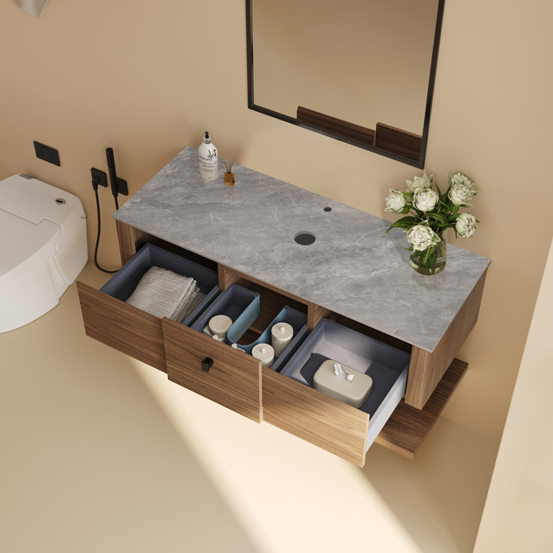 Base de meuble-lavabo simple 48 po seulement, plateau en pierre frittée grise, trois tiroirs et tablette flottante inférieure ouverte