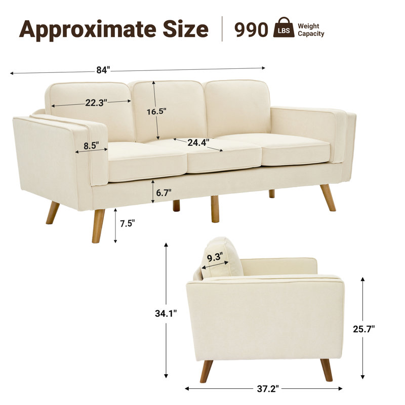 Havens 84'' Mid-Century Modern Upholstered Sofa, Solid Wood Frame & Legs, 3-Seat Couch for Living Room, Beige Chenille