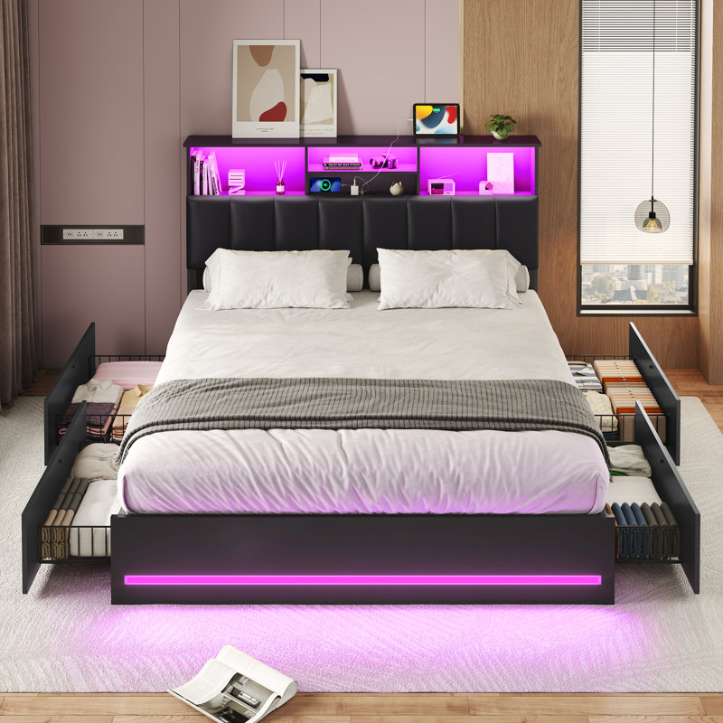 Queen Bed Frame with Bookcase Headboard, Wooden Bed Frame Queen Size with Charging Station, 4 Storage Drawers and LED Lights, with Type-C and USB, No Box Spring Needed, Black