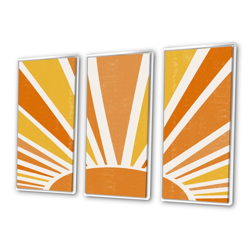 «Minimalist Bright Shining Orange Sun Rays II», reproduction de cadre flottant sur toile 3 pièces, Blanc, H 32 po x l 48 po