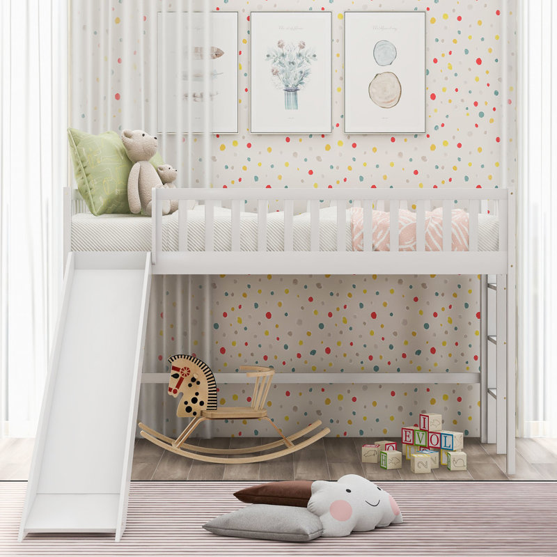 White Twin Size Low Loft Bed With And Slide - Extra Merriment Made Pine , Vertical , Detachable Jolly Space For Creativity Under