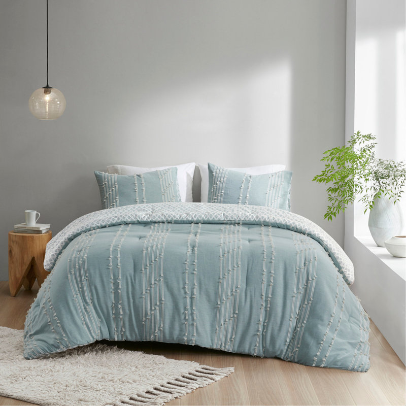 Ensemble d'édredon 3 pièces en jacquard de coton turquoise double / grand, Turquoise
