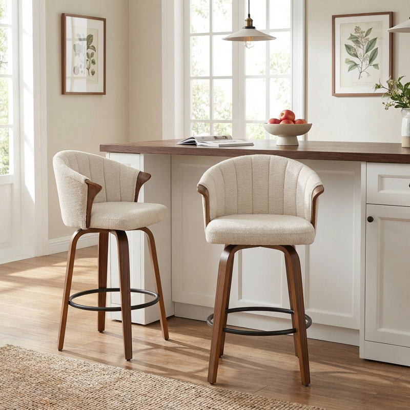 Tabouret de comptoir pivotant rembourré avec structure en bois Devault, Beige