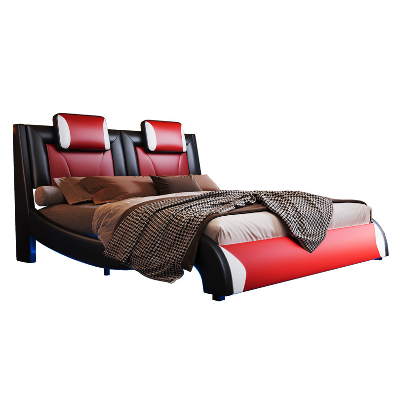 Madray Faux Leather Upholstered Floating Platform Bed with LED Lights , Red, Queen
