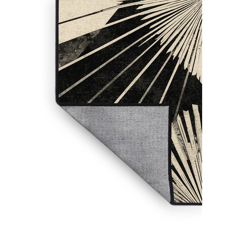 Machine Washable Manhasset Art Deco Starburst Rug in Black – Black Binding, 6x9