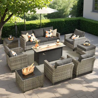 Ensemble de chaises d'extérieur en rotin avec 8 chaises, table basse avec éclairage et table de cuisson deux en un