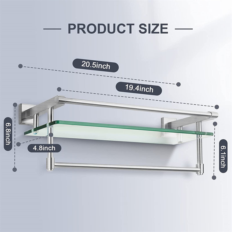 Glass Floating Shelf with Towel Bar, Silver