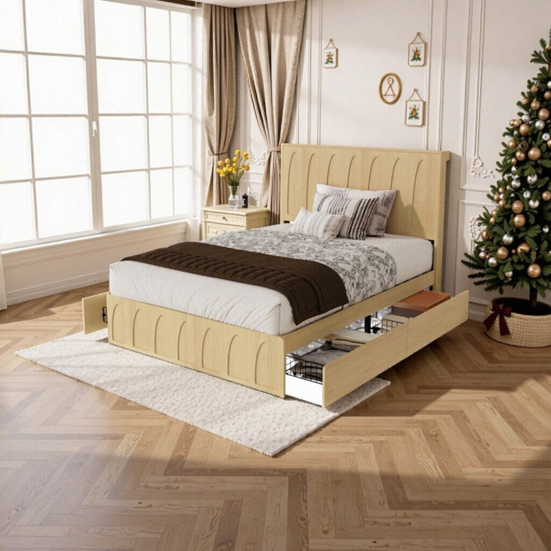 Structure de lit plateforme en bois massif avec tête de lit courbée et tiroirs de rangement coulissants, support en lattes de bois, aucun sommier nécessaire, design minimaliste pour les chambres modernes