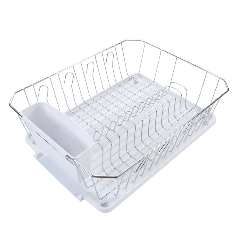 Chrome Foldable Dish Rack with Utensil Cup in White