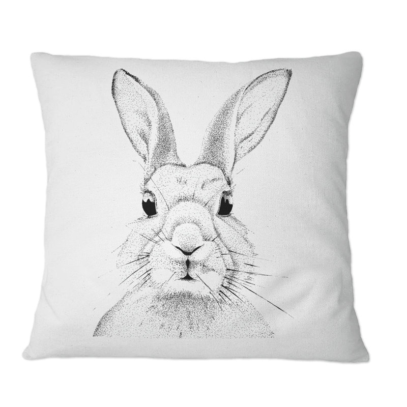 Portrait pointilliste monochrome d'un lapin - Coussin décoratif à imprimé traditionnel, 16 po x 16 po