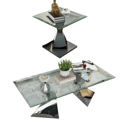 2 Piece Glass And Living Room Coffee Table Set With End Table