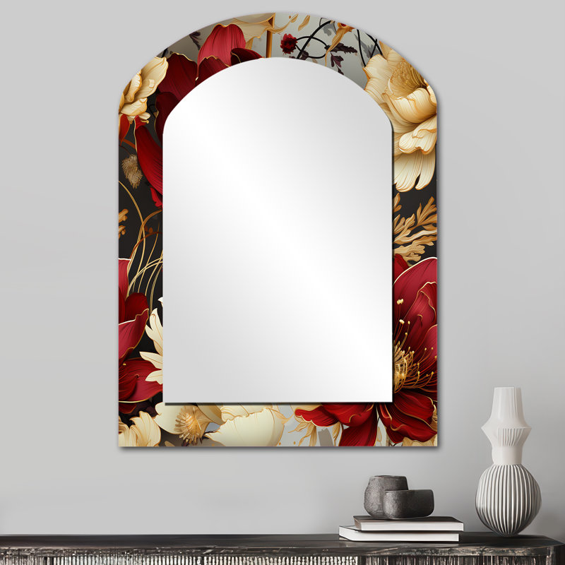 Rich Beige And Red Poppies Opulent Flowers - Floral Arch Mirror, Gold Asymmetrical Unique Wall Mirror, Printed Metal Art