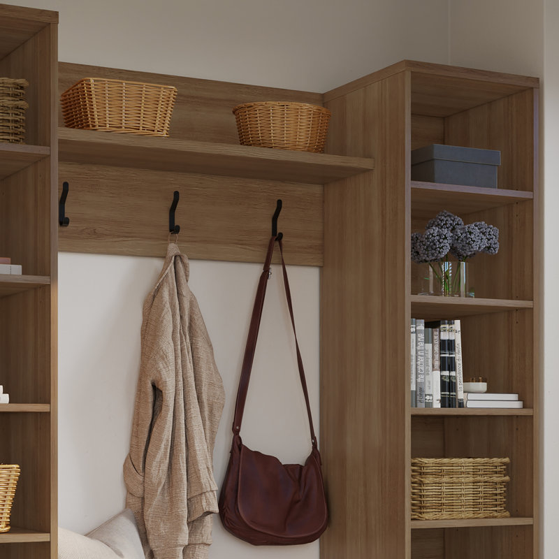 Porto Entryway Wall-Mounted Coat Rack with Shoe Storage Bench and 2 Storage Towers, Brown